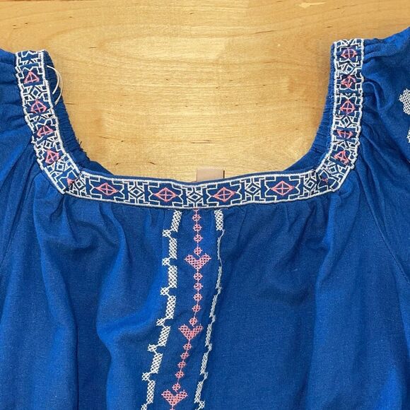 Cupcake and Cashmere Boho Embroidered Cotton Linen Mini Dress Blue Medium - Picture 7 of 11